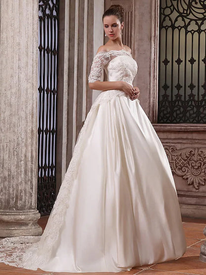 Ball Gown Wedding Dresses Scalloped-Edge Off Shoulder Court Train Satin Half Sleeve