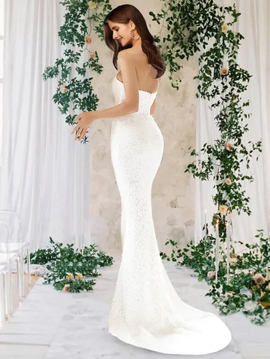 Wedding Dresses One Shoulder Court Train Detachable Satin Sequined Sleeveless Country Romantic Sparkle & Shine with Sequin