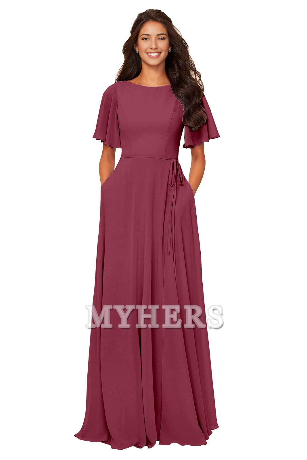 Chiffon Modest A Line Bateau Neck Flutter Sleeve Elegant Bridesmaid Dresses Wedding Guests Dresses