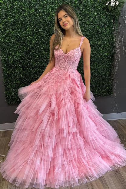 Appliques Off-the-Shoulder Ruffle Tiered Long Prom Dress