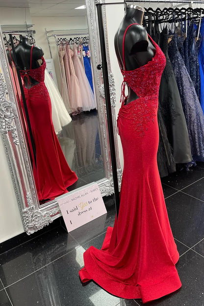 Plunge V Appliqué Lace-Up Mermaid Long Prom Dress