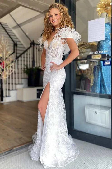 Lace Feather Off-the-Shoulder Mermaid Long Prom Dress