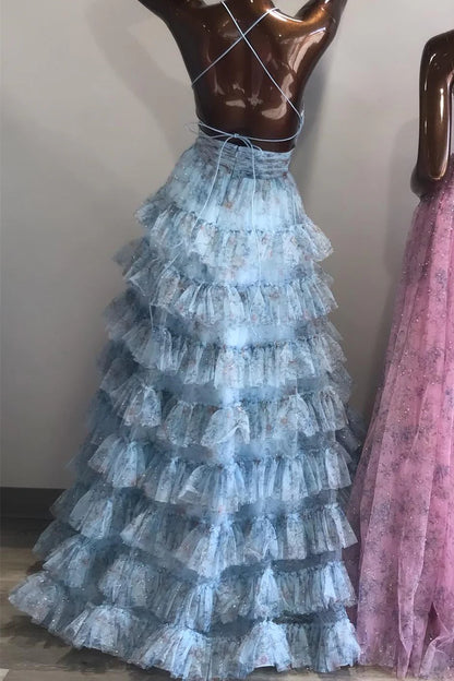 Print Lace-Up Ruffle Tiered Long Prom Dress