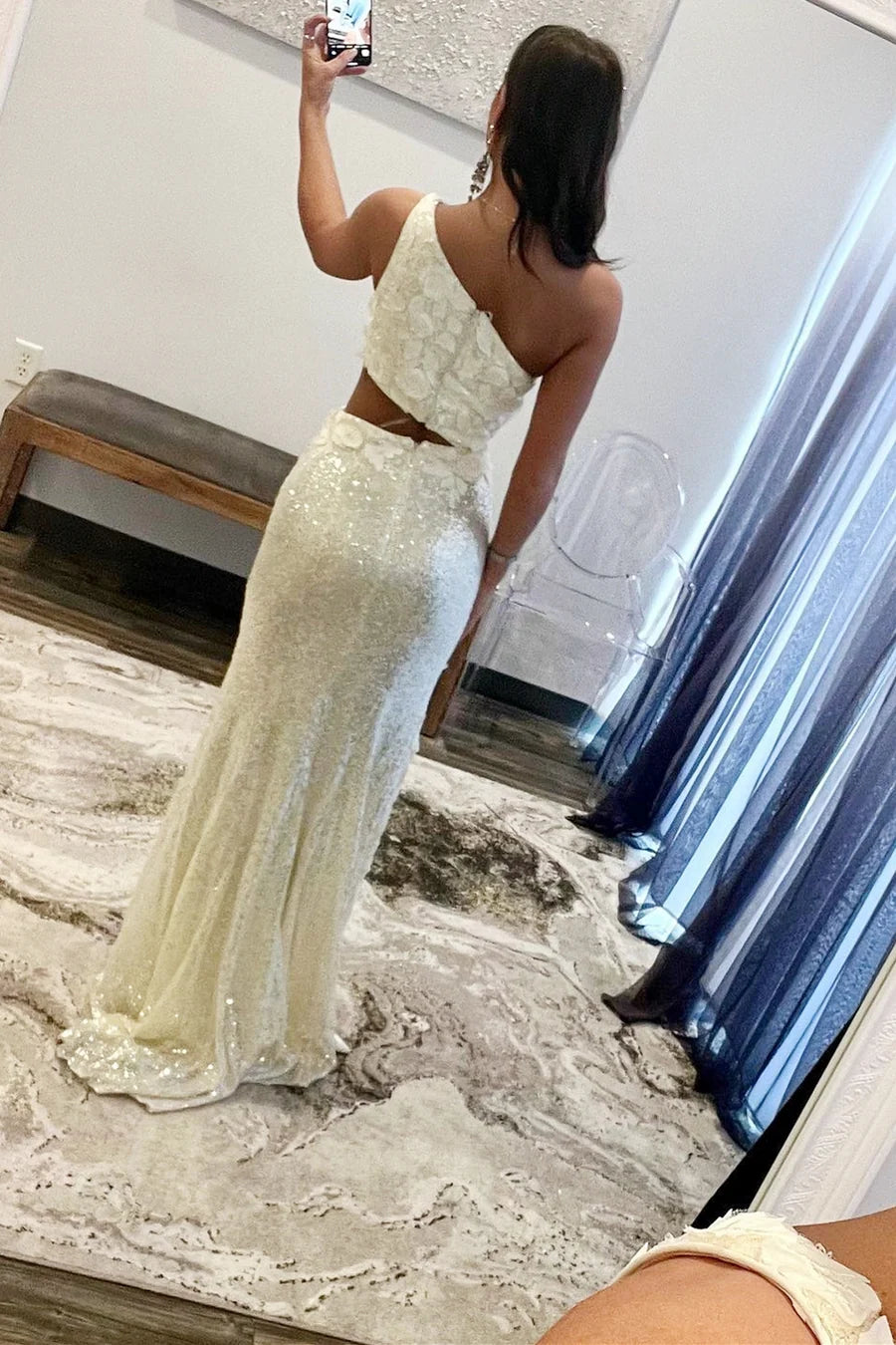 Sequin One-Shoulder Cutout Long Prom Dress with Floral Appliques