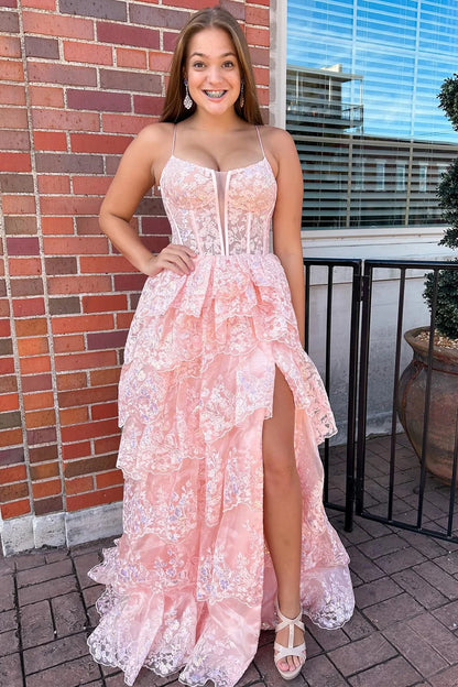 Tulle Sequin Spaghetti Strap Ruffle Tiered Long Gown with Slit