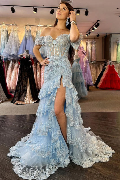 Sequin-Embroidery Off-the-Shoulder Tiered Long Prom Dress with Slit