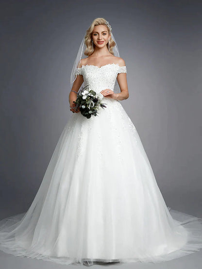 Ball Gown Wedding Dresses Off Shoulder Court Train Lace Tulle Short Sleeve Romantic Sparkle & Shine with Beading Appliques