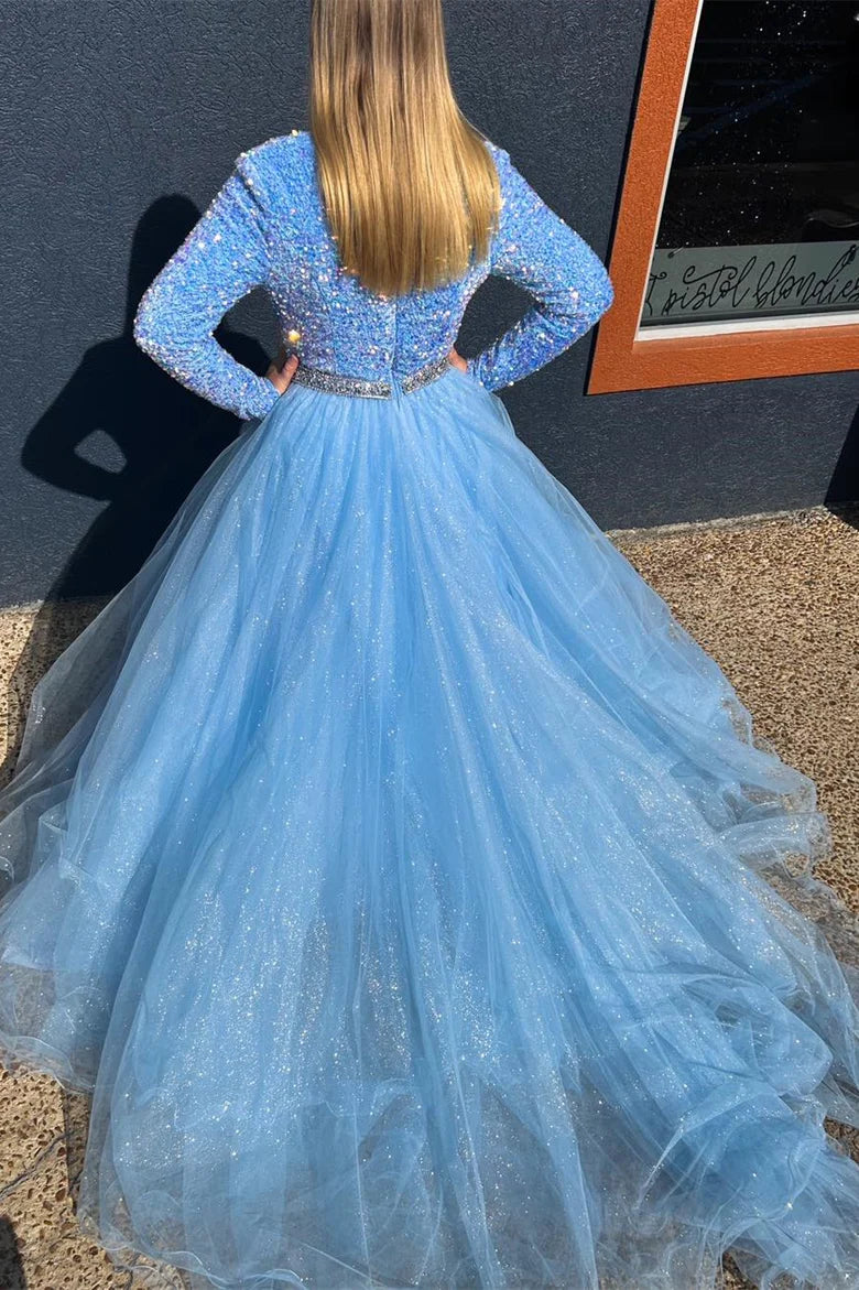 Sequin Tulle Plunge V Long Sleeve A-Line Prom Dress