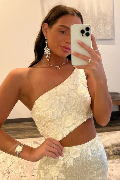 Sequin One-Shoulder Cutout Long Prom Dress with Floral Appliques