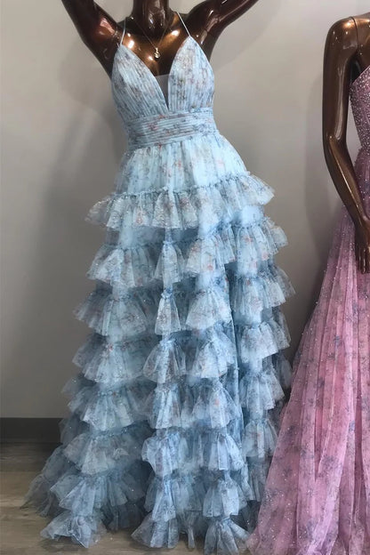 Print Lace-Up Ruffle Tiered Long Prom Dress