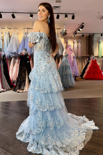 Sequin-Embroidery Off-the-Shoulder Tiered Long Prom Dress with Slit
