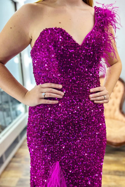Sequin One-Shoulder Long Prom Dress with Feathers