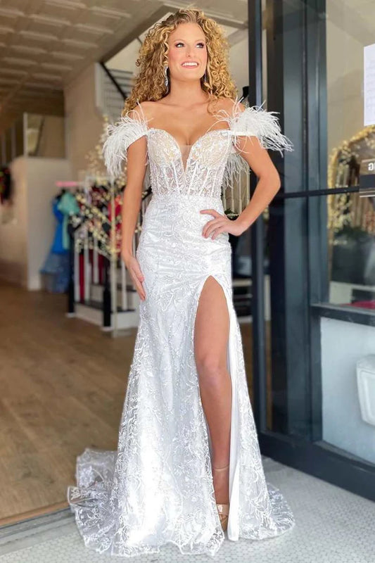 Lace Feather Off-the-Shoulder Mermaid Long Prom Dress
