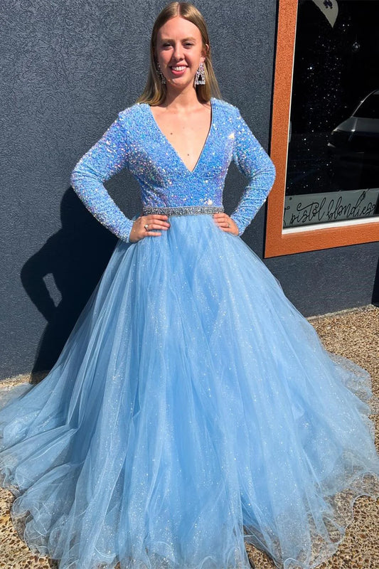 Sequin Tulle Plunge V Long Sleeve A-Line Prom Dress