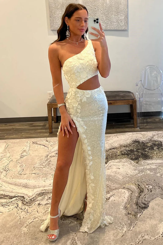 Sequin One-Shoulder Cutout Long Prom Dress with Floral Appliques