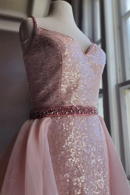 Sequin V-Neck Backless Long Formal Dress with Attached Train