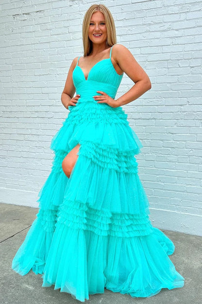 Tulle Multi-Tiered V-Neck Long Prom Dress