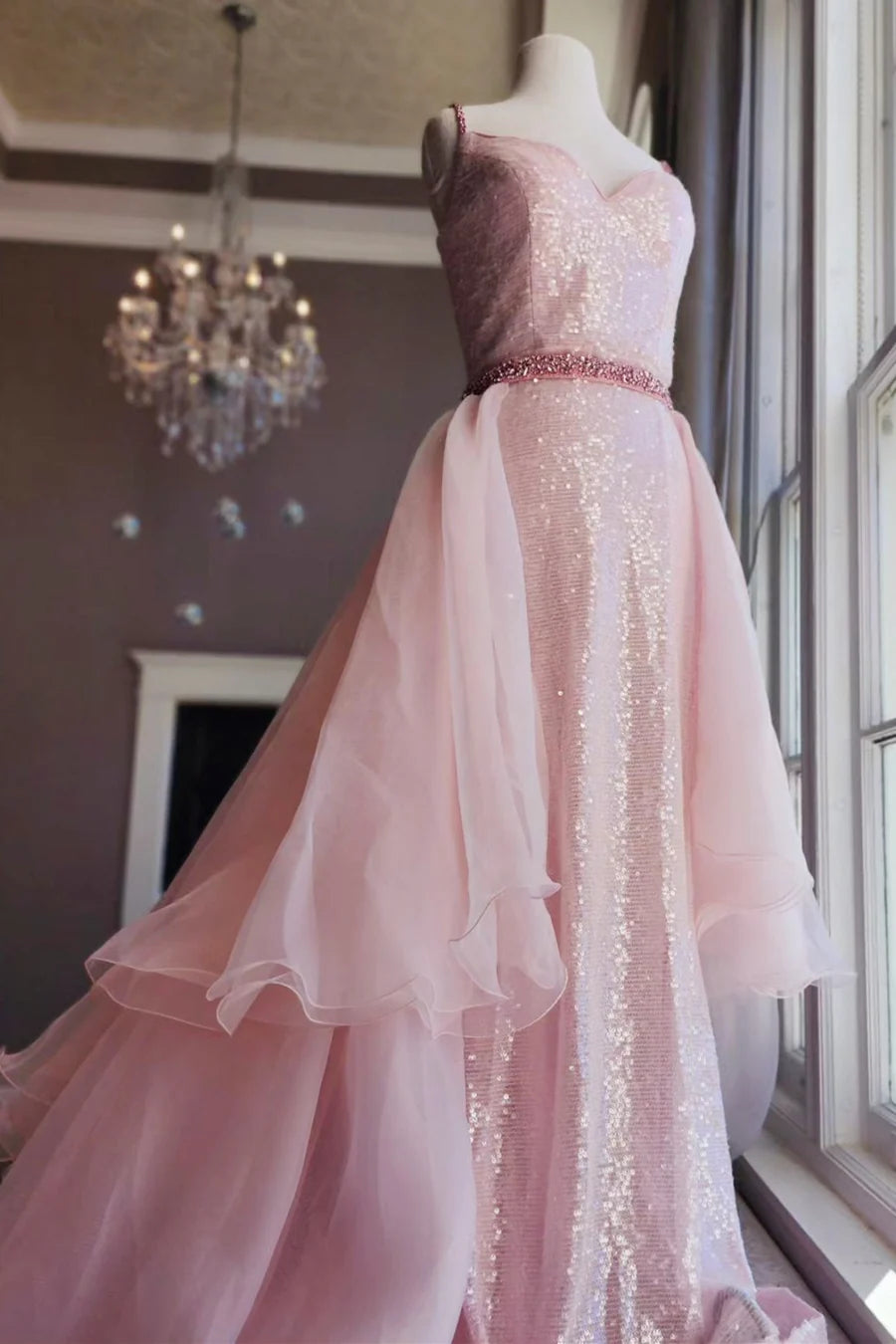 Sequin V-Neck Backless Long Formal Dress with Attached Train
