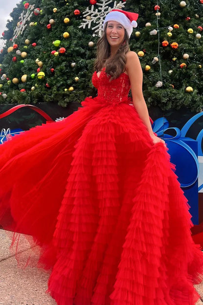 Appliques Sweetheart Ruffle Tiered A-Line Prom Dress