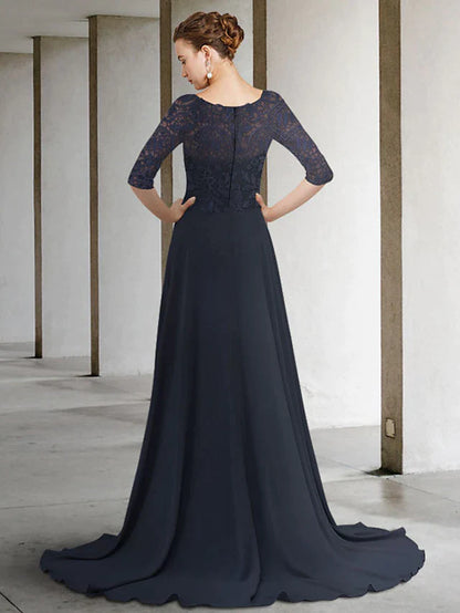 A-Line Mother of the Bride Dress Elegant Jewel Neck Chiffon Lace Half Sleeve with Pleats