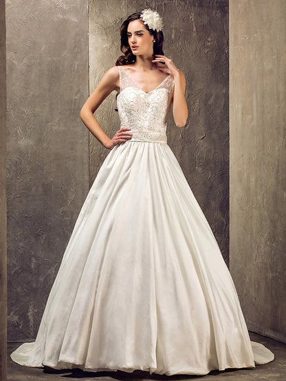 Princess A-Line Wedding Dresses V Neck Lace Taffeta Sleeveless