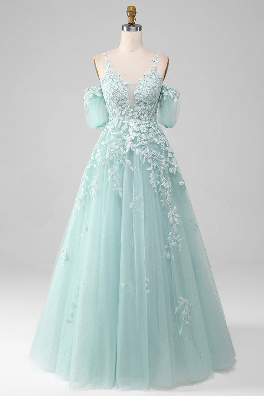 Ball-Gown Off The Shoulder Plunge V Beaded Mint Prom Dresses With Appliques