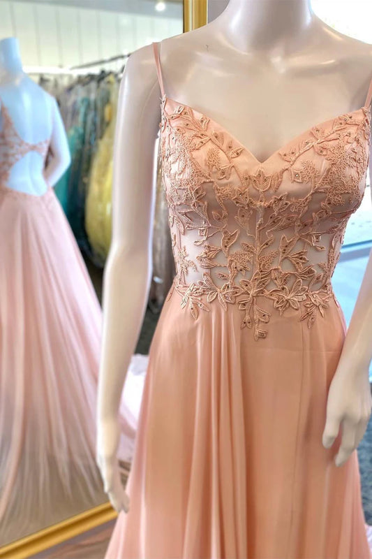 Floral Lace Cutout Back A-Line Prom Dress