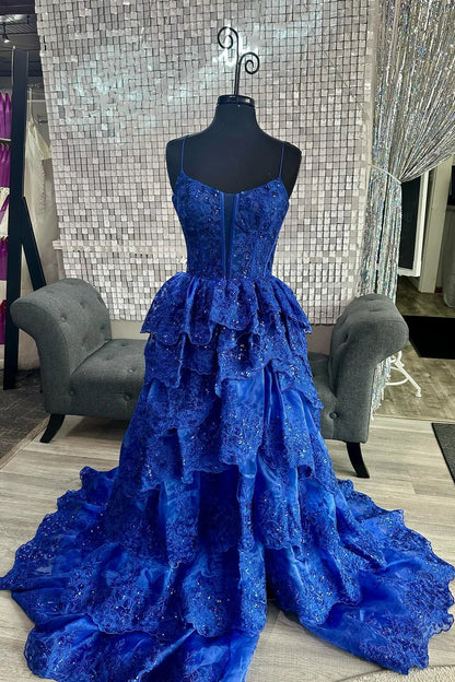 Tulle Sequin Spaghetti Strap Ruffle Tiered Long Gown with Slit