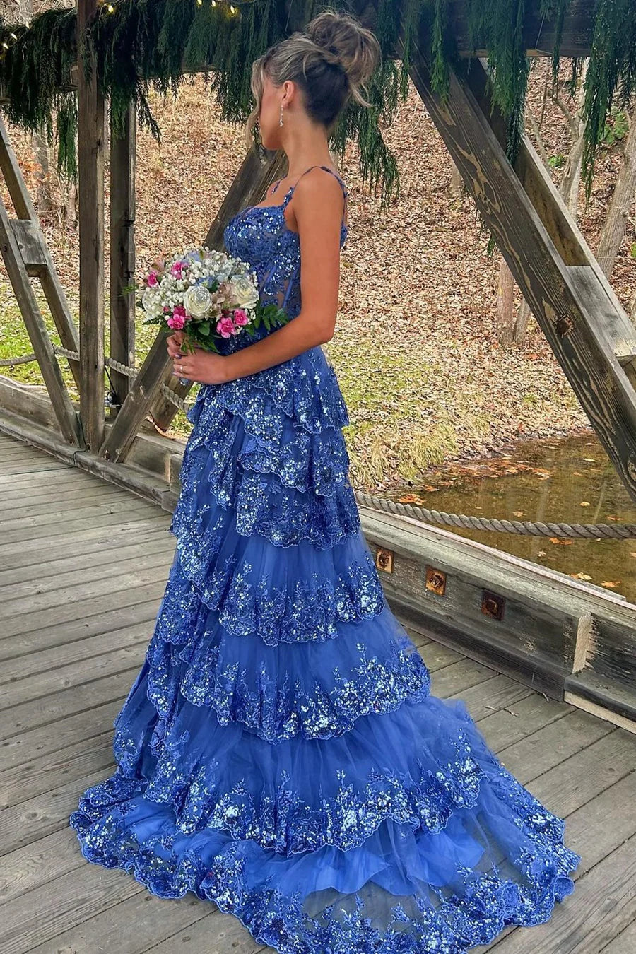 Tulle Sequin Tiered Long Gown with Spaghetti Straps
