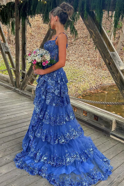 Tulle Sequin Tiered Long Gown with Spaghetti Straps