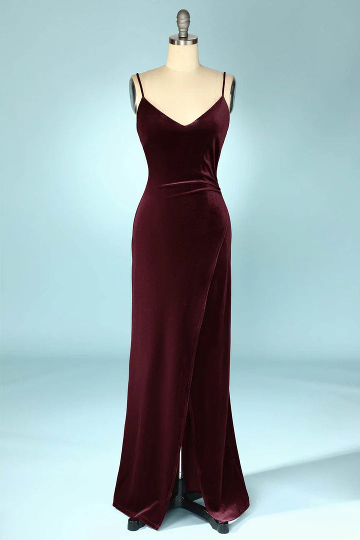 Burgundy Velvet V-Neck Straps Long Bridesmaid Dress with Slit