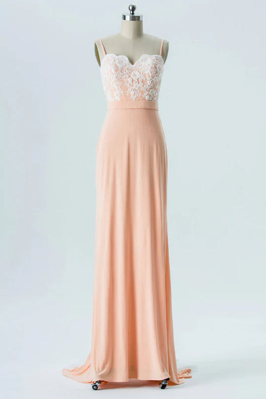 Peach Chiffon Off-the-Shoulder Straps Bridesmaid Dress with Sweeping Train