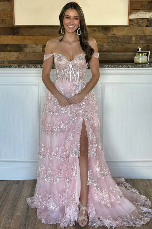 Fairytale Sequin-Embroidery Off-the-Shoulder Tiered Long Prom Dress with Slit