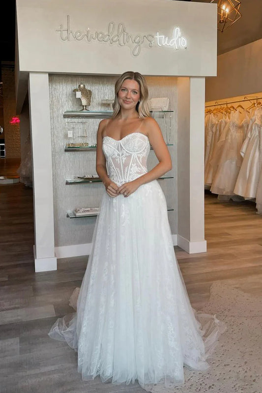 Boho A-Line Strapless Off-the-Shoulder Tulle Lace Wedding Dresses with Train