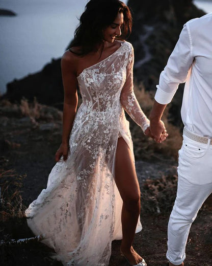 Bohemian A Line One Shoulder See Through Lace Beach Wedding Dresses