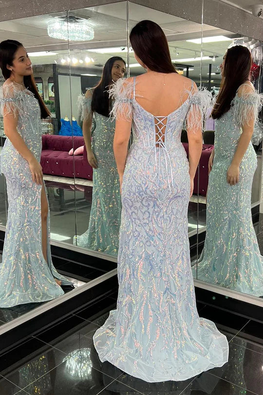 Mermaid Cold Shoulder Blue Sequins Lace-Up Back Long Prom Dress with Slit