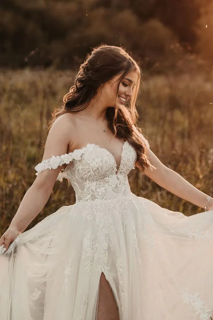 Fairy A Line Off-the-Shoulder V-Neck Sweetheart Tulle  Floor-Length Wedding Dresses with Slit