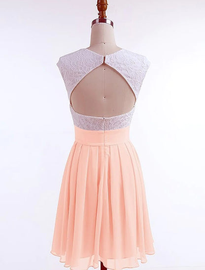 A-Line Beautiful Back Flirty Graduation Cocktail Party Dress Jewel Neck Short Sleeve Short / Mini Chiffon with Pleats