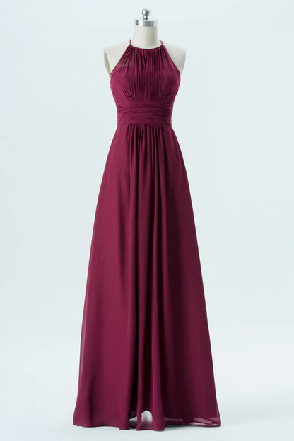 Burgundy Halter Open Back Cutout Sleeveless Long Bridesmaid Dress