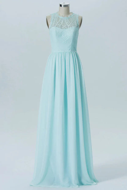 Light Blue Round neck Sleeveless Bridesmaid Dress with Back Cutout