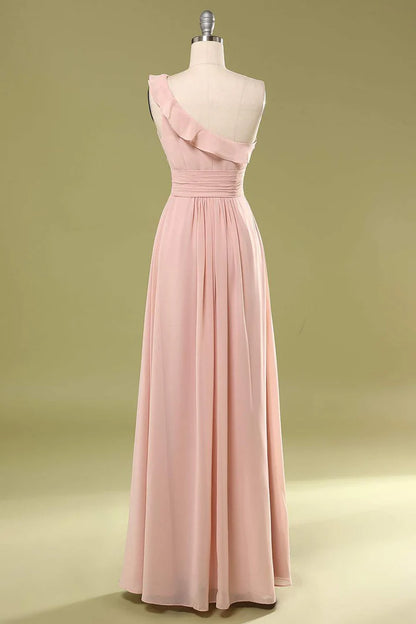 Blush Chiffon A-Line One-Shoulder Retract your waist Ruffled Bridesmaid Dress