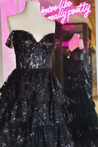 Fairytale Sequin-Embroidery Off-the-Shoulder Tiered Long Prom Dress with Slit