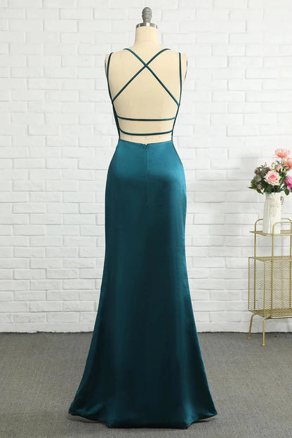 Elegant Teal Blue V-Neck Lace-Up Mermaid Backless Bridesmaid Dress