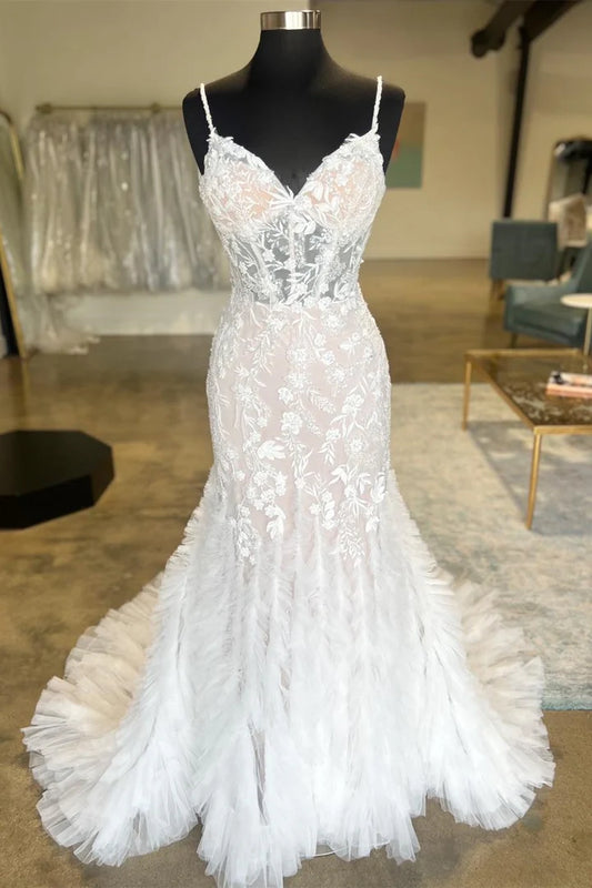 Ivory V-Neck Spaghetti Strap Ruffles Wrap The Buttocks Trumpet Long Wedding Dress ﻿