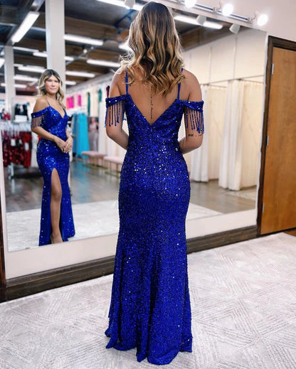 Sparkly Mermaid Off the Shoulder Royal Blue Sequins Long Prom Dresses with Slit