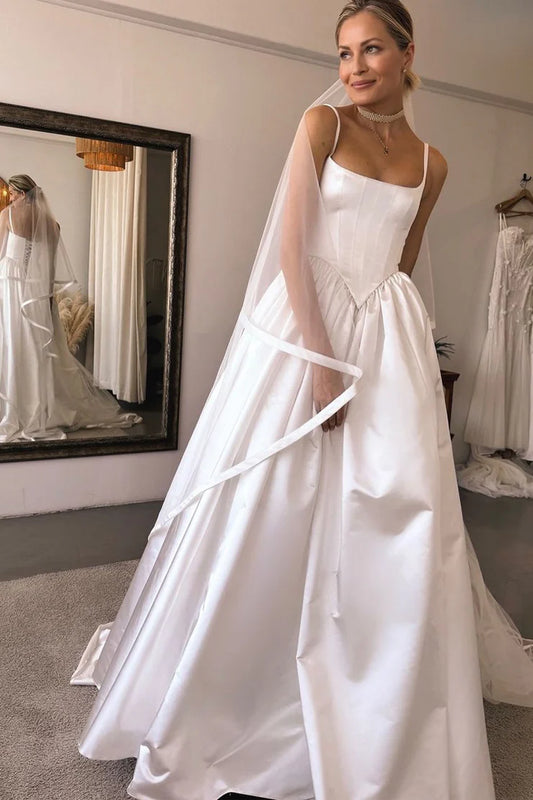 Elegant A-Line Square Neck Spaghetti Straps Satin Pleats Wedding Dresses