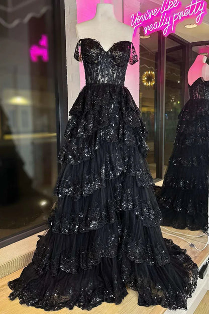 Fairytale Sequin-Embroidery Off-the-Shoulder Tiered Long Prom Dress with Slit