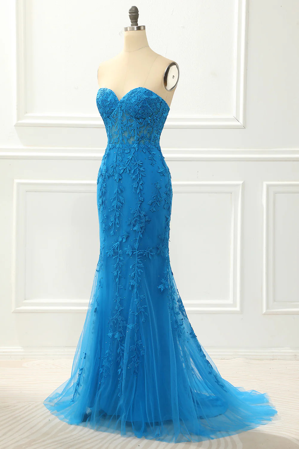 Blue Off-the-Shoulder Strapless Mermaid Slim-fit Prom Dress with Appliques