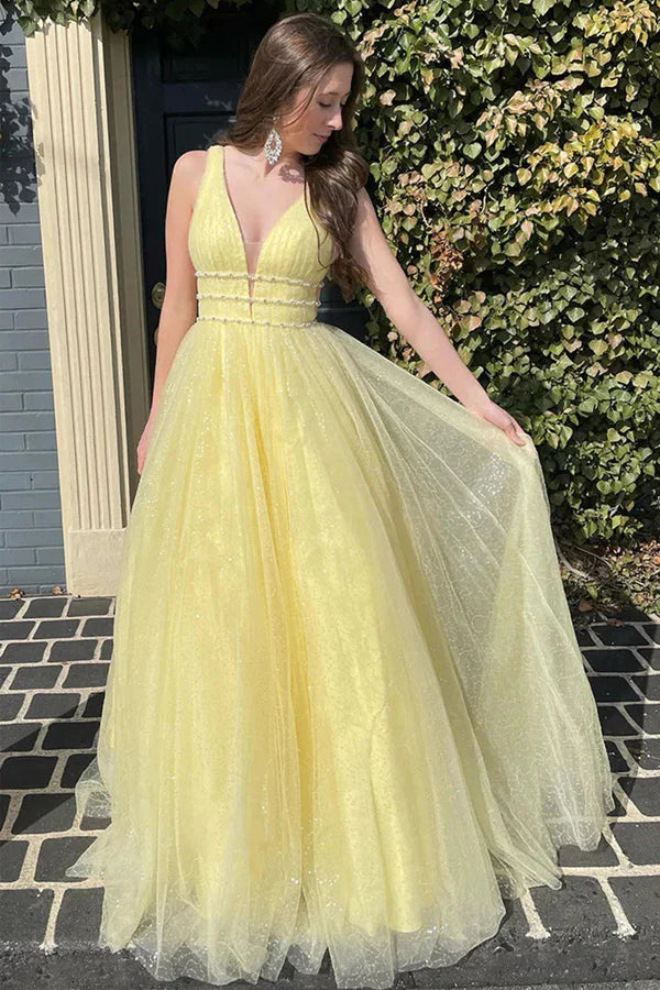 A-Line Beaded Long Tulle Prom Formal Dress