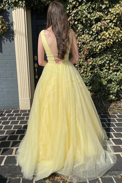 A-Line Beaded Long Tulle Prom Formal Dress